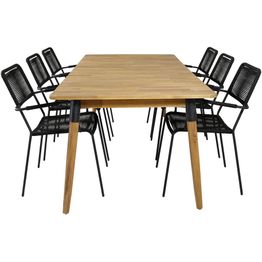 Ruokailuryhmä Venture Home, 210x100cm Julian-pöytä + 6 mustaa Lindos-tuolia, käsinojilla