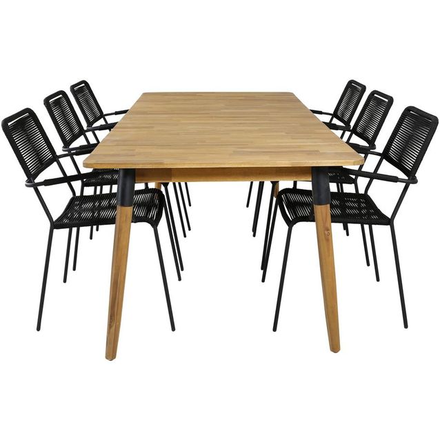 Ruokailuryhmä Venture Home, 210x100cm Julian-pöytä + 6 mustaa Lindos-tuolia, käsinojilla