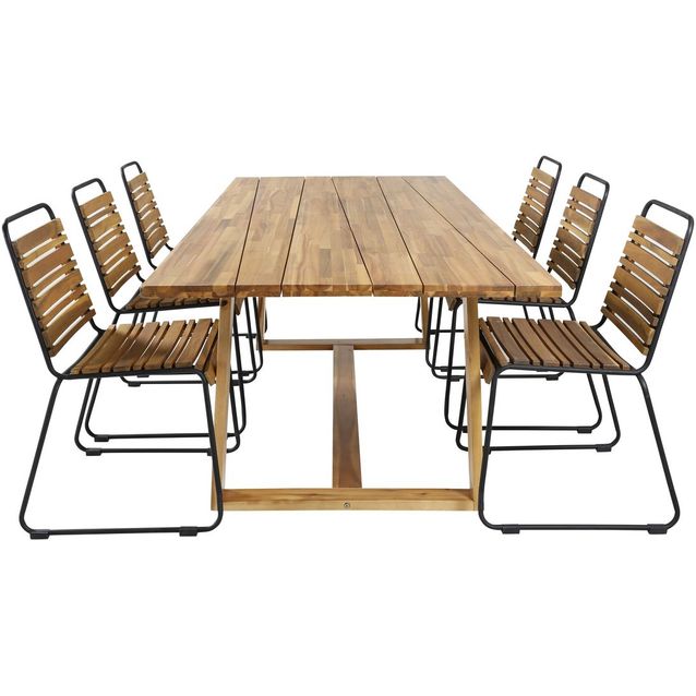 Ruokailuryhmä Venture Home, 220x100cm Plankton-pöytä + 6 musta/ruskeaa Bois-tuolia