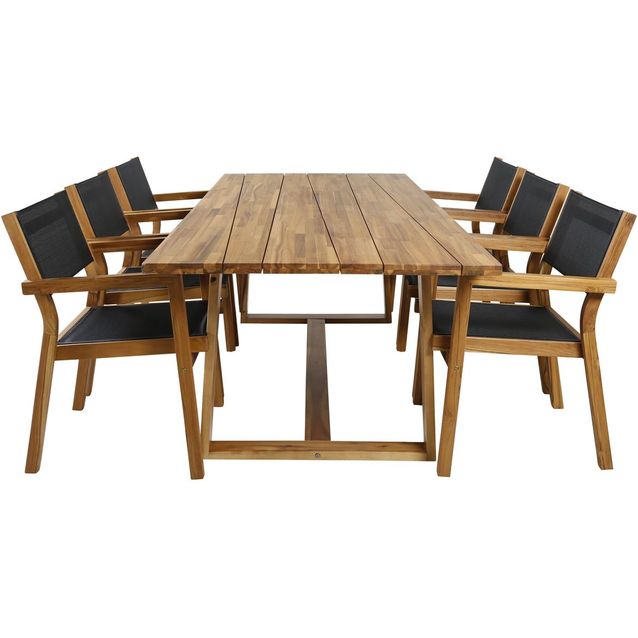 Ruokailuryhmä Venture Home, 220x100cm Plankton-pöytä + 6 musta/ruskeaa, pinottavaa Venice-tuolia