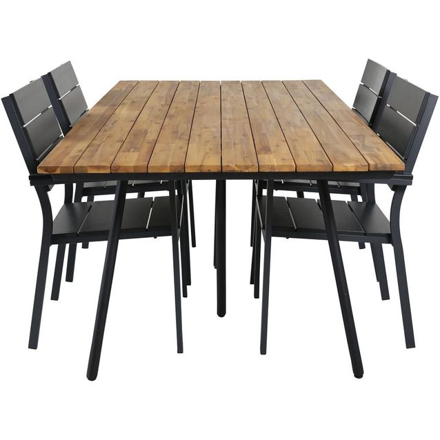 Ruokailuryhmä Venture Home, 200x100cm akaasia/musta Chan-pöytä + 4 mustaa, pinottavaa Levels-tuolia