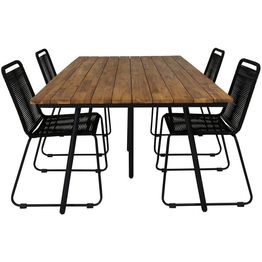 Ruokailuryhmä Venture Home, 200x100cm akaasia/musta Chan-pöytä + 4 mustaa, pinottavaa Lindos-tuolia