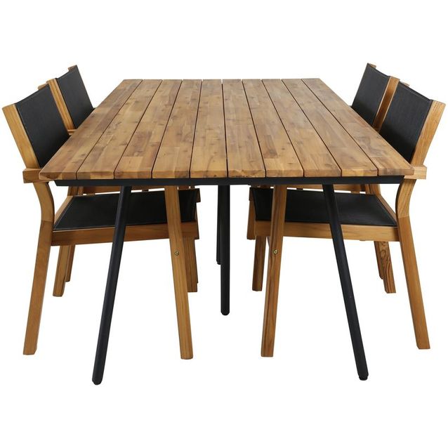 Ruokailuryhmä Venture Home, 200x100cm akaasia/musta Chan-pöytä + 4 mustaa, pinottavaa Venice-tuolia
