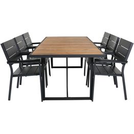 Ruokailuryhmä Venture Home, 200x100cm ruskea/musta Khung-pöytä + 6 mustaa, pinottavaa Levels-tuolia