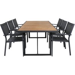 Ruokailuryhmä ulos Venture Home, 200x100cm ruskea Khung-pöytä + 6 mustaa Copacabana-tuolia