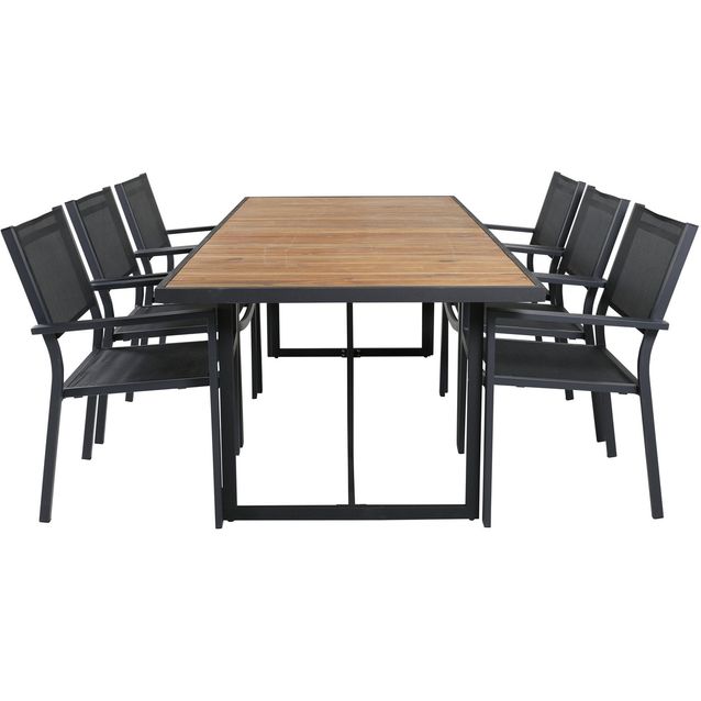 Ruokailuryhmä ulos Venture Home, 200x100cm ruskea Khung-pöytä + 6 mustaa Copacabana-tuolia