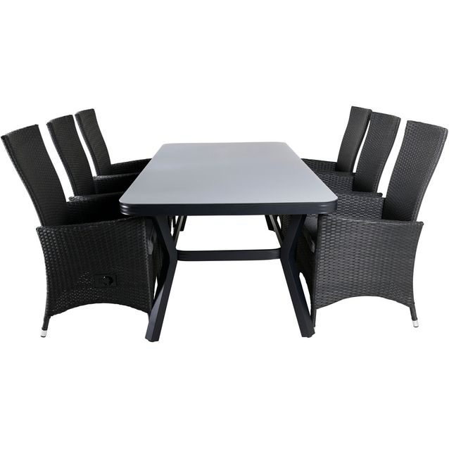 Ruokailuryhmä ulos Venture Home, musta/harmaa Virya-pöytä 200x100cm + 6 mustaharmaata Padova-tuolia