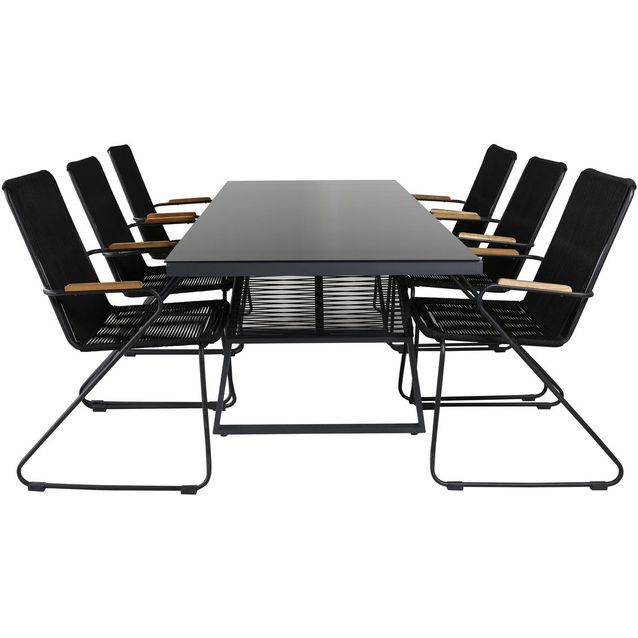 Ruokailuryhmä Venture Home, 193x90cm Dallas-pöytä + 6 mustaa Bois-tuolia