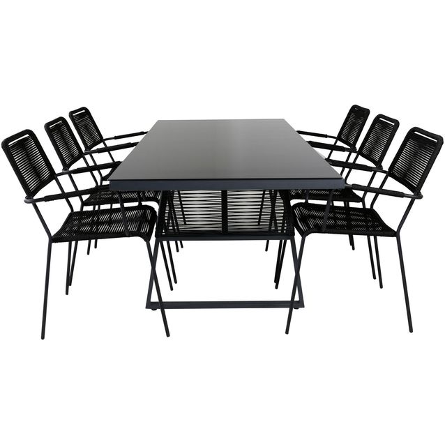 Ruokailuryhmä ulos Venture Home, Dallas-pöytä 193x90cm + 6 mustaa mustaa Lindos-tuolia