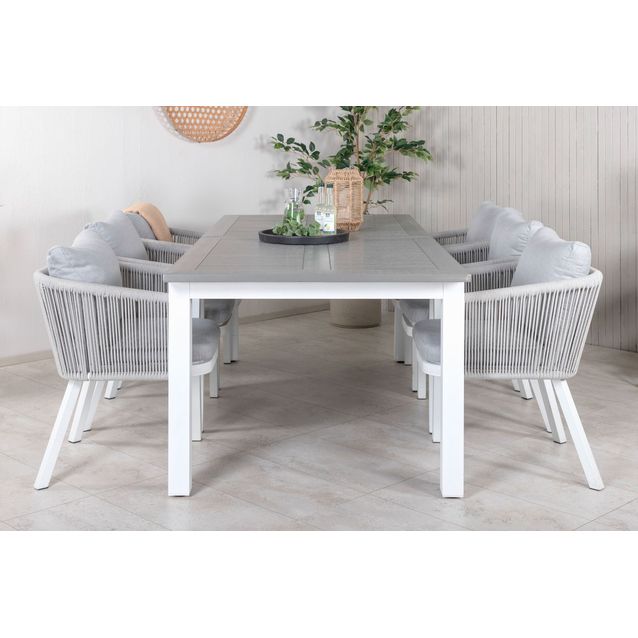 Ruokailuryhmä Venture Home, 224/324x100cm jatkettava harmaa/valkoinen Albany-pöytä + 6 harmaa/valkoista Virya-tuolia
