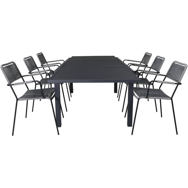 Ruokailuryhmä Venture Home, 160/240x100cm jatkettava musta Marbella-pöytä + 6 harmaa/mustaa Lindos-tuolia, käsinojilla