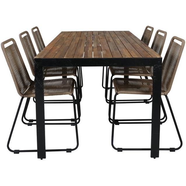Ruokailuryhmä Venture Home, 205x90cm akaasia/musta Bois-pöytä + 6 pinottavaa Lindos-tuolia