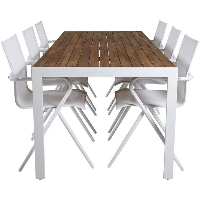 Ruokailuryhmä Venture Home, 205x90cm akaasia/valkoinen Bois-pöytä + 6 valkoista Alina-tuolia
