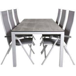 Ruokailuryhmä Venture Home, 205x100cm harmaa/valkoinen Llama-pöytä + 6 harmaa/valkoista Albany Light -säätötuolia