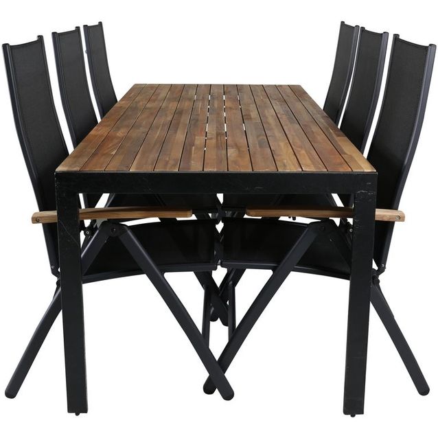 Ruokailuryhmä Venture Home, 205x90cm akaasia/musta Bois-pöytä + 6 mustaa Panama-säätötuolia