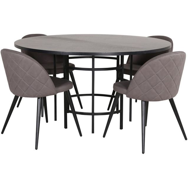 Ruokailuryhmä Venture Home, ⌀140cm musta Copenhagen-pöytä + 4 harmaata Velvet Stitches -tuolia
