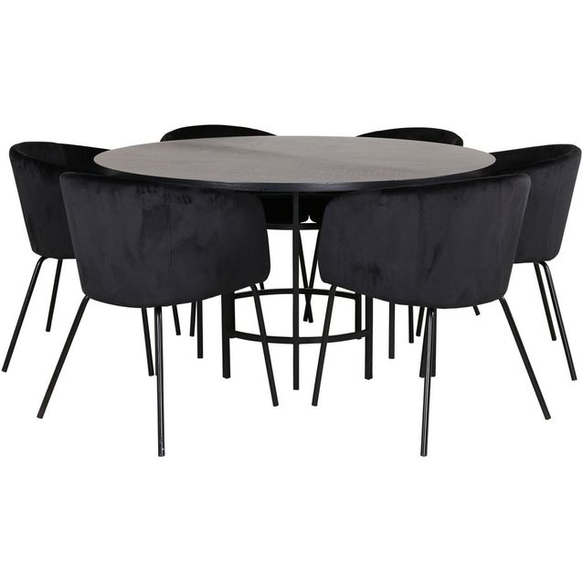Ruokailuryhmä Venture Home, ⌀140cm musta Copenhagen-pöytä + 6 Berit-tuolia, sametti
