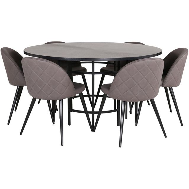 Ruokailuryhmä Venture Home, ⌀140cm musta Copenhagen-pöytä + 6 harmaata Velvet Stitches -tuolia