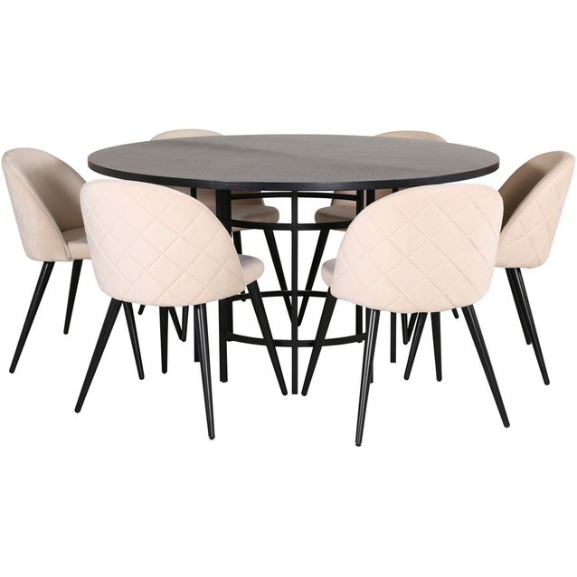 Ruokailuryhmä Venture Home, ⌀140cm musta Copenhagen-pöytä + 6 beigeä Velvet Stitches -tuolia, sametti