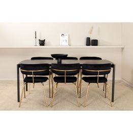 Ruokailuryhmä Venture Home, 190x90cm musta Pelle-pöytä + 6 mustaa Arrow-tuolia, sametti