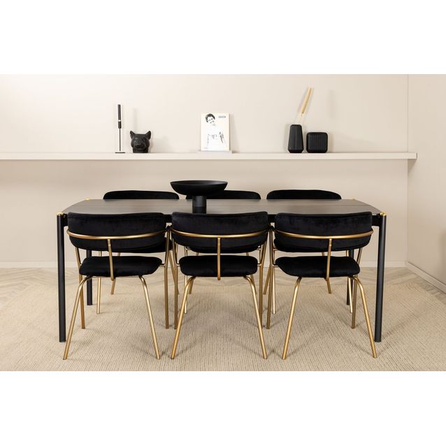 Ruokailuryhmä Venture Home, 190x90cm musta Pelle-pöytä + 6 mustaa Arrow-tuolia, sametti