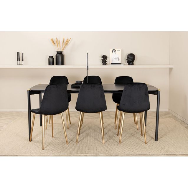 Ruokailuryhmä Venture Home, 190x90cm musta Pelle-pöytä + 6 Polar-tuolia, musta/messinki