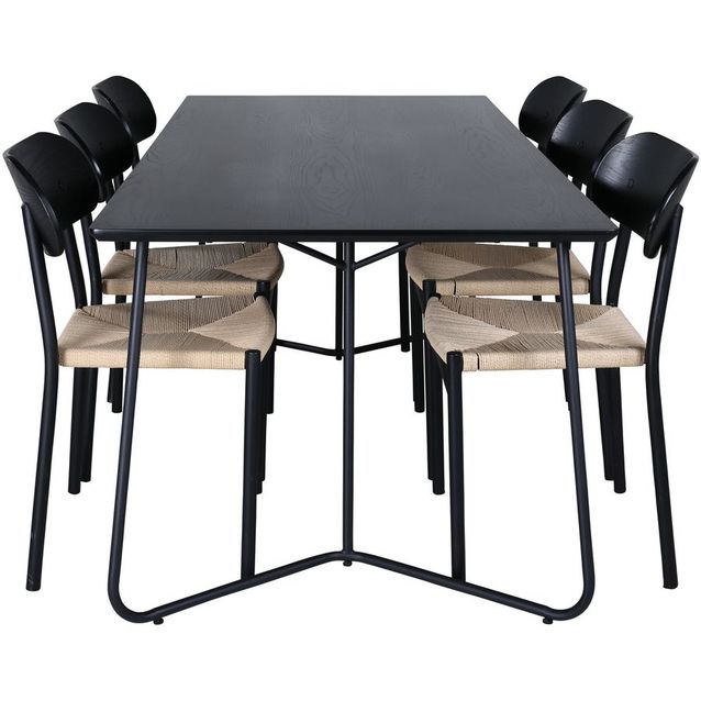 Ruokailuryhmä Venture Home, 190x90cm musta Petra-pöytä + 6 Polly-tuolia