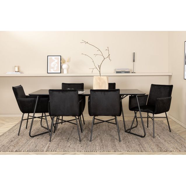 Ruokailuryhmä Venture Home, 190x90cm musta Petra-pöytä + 6 mustaa Petra-tuolia, sametti