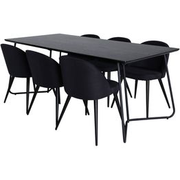 Ruokailuryhmä Venture Home, 190x90cm musta Petra-pöytä + 6 mustaa Velvet-tuolia