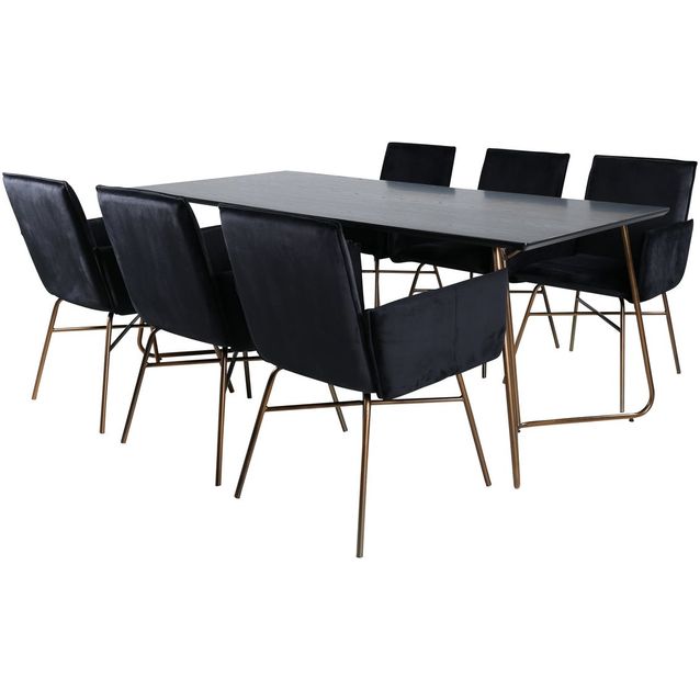 Ruokailuryhmä Venture Home, 190x90cm Petra-pöytä + 6 mustaa Petra-tuolia, sametti