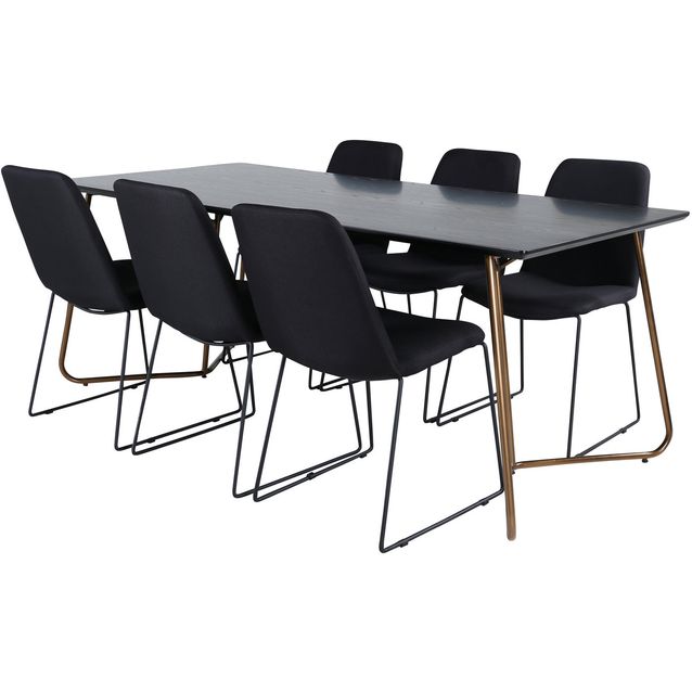 Ruokailuryhmä Venture Home, 190x90cm musta Petra-pöytä + 6 mustaa Muce-tuolia