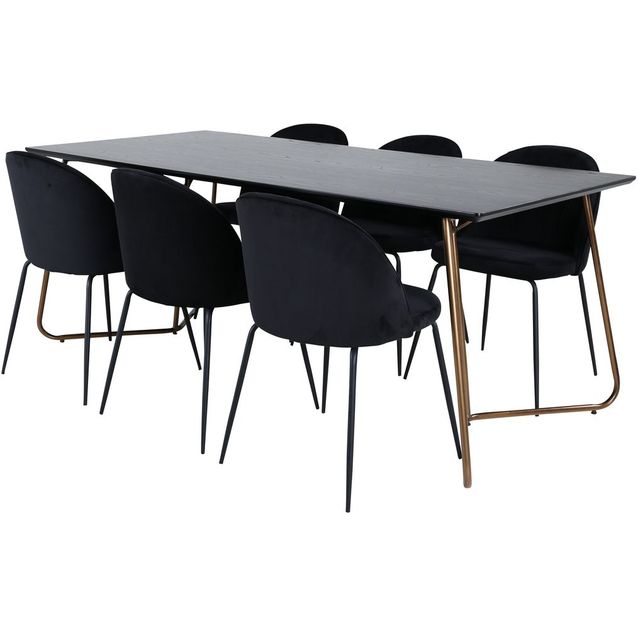 Ruokailuryhmä Venture Home, 190x90cm musta/kupari Petra-pöytä + 6 mustaa Wrinkles-tuolia, sametti