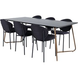Ruokailuryhmä Venture Home, 190x90cm Petra-pöytä + 6 mustaa Vault-tuolia