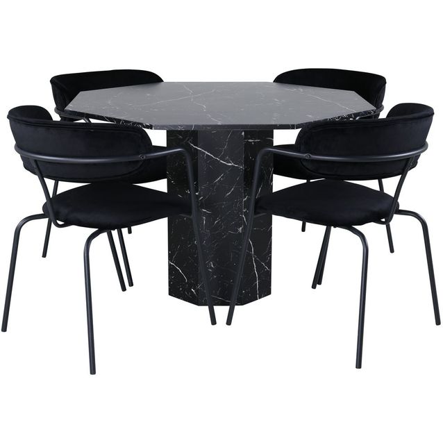 Ruokailuryhmä Venture Home, ⌀110cm musta Marbs-pöytä + 4 mustaa Arrow-tuolia