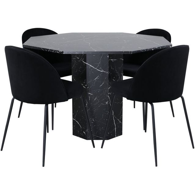 Ruokailuryhmä Venture Home, ⌀110cm musta Marbs-pöytä + 4 mustaa Wrinkles-tuolia