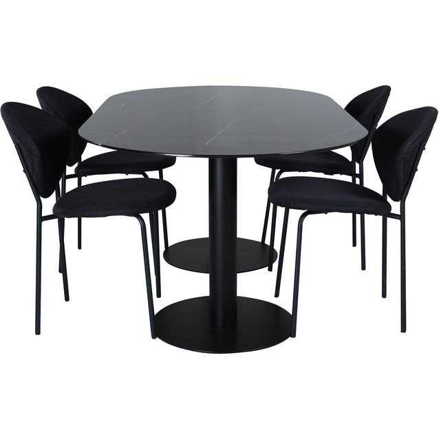 Soikea ruokailuryhmä Venture Home, 180x100cm musta Pillan-pöytä + 4 mustaa Vault-tuolia