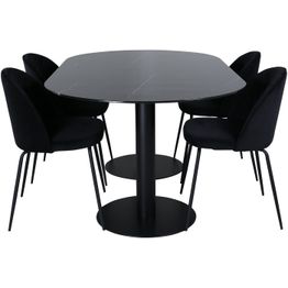 Soikea ruokailuryhmä Venture Home, 180x100cm Pillan-pöytä + 4 mustaa Wrinkles-tuolia, sametti
