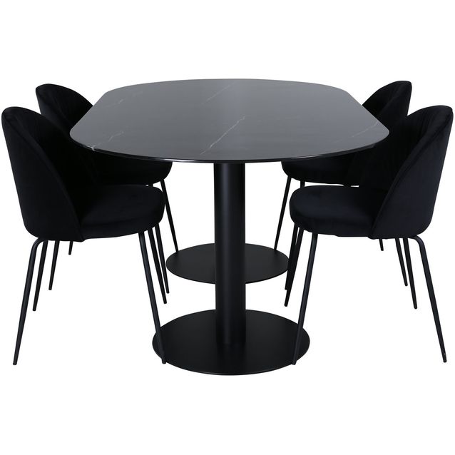 Soikea ruokailuryhmä Venture Home, 180x100cm Pillan-pöytä + 4 mustaa Wrinkles-tuolia, sametti