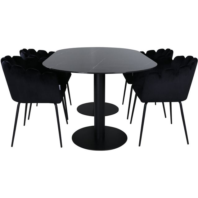 Soikea ruokailuryhmä Venture Home, 180x100cm Pillan-pöytä + 4 mustaa Limhamn-tuolia, sametti