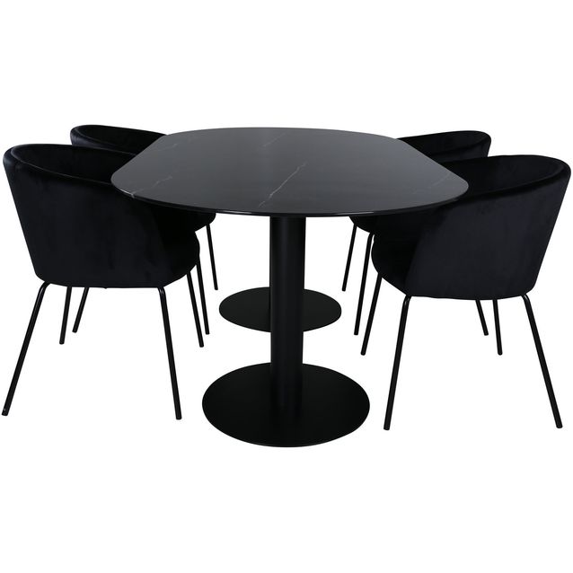 Soikea ruokailuryhmä Venture Home, 180x100cm musta Pillan-pöytä + 4 Berit-tuolia, sametti