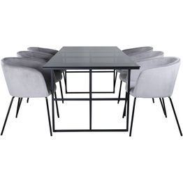 Ruokailuryhmä Venture Home, 200x90cm Leif-pöytä + 6 vaaleanharmaata Berit-tuolia, sametti