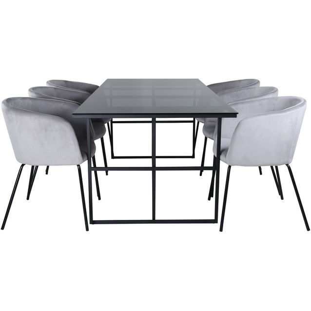 Ruokailuryhmä Venture Home, 200x90cm Leif-pöytä + 6 vaaleanharmaata Berit-tuolia, sametti