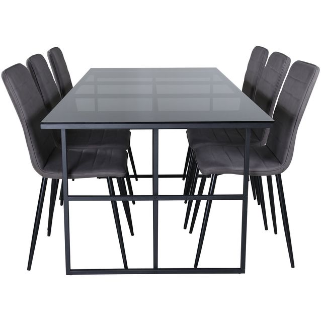 Ruokailuryhmä Venture Home, 200x90cm musta Leif-pöytä + 6 harmaata Windu-tuolia