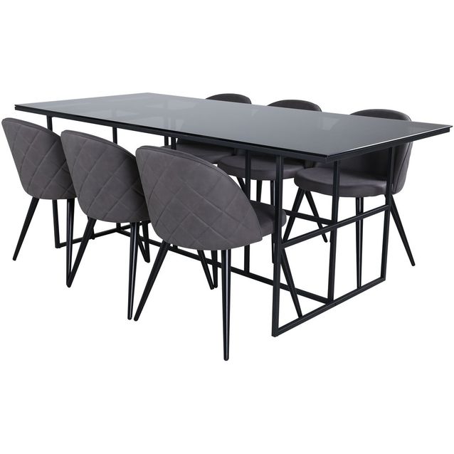 Ruokailuryhmä Venture Home, 200x90cm musta Leif-pöytä + 6 harmaata Velvet Stitches -tuolia