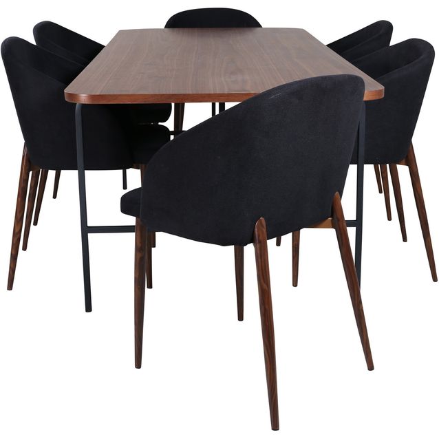 Ruokailuryhmä Venture Home, 200x90cm ruskea Uno-pöytä + 6 mustaa Arch-tuolia