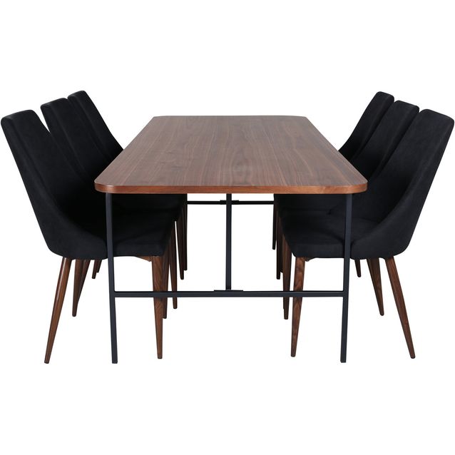Ruokailuryhmä Venture Home, 200x90cm ruskea Uno-pöytä + 6 mustaa Leone-tuolia