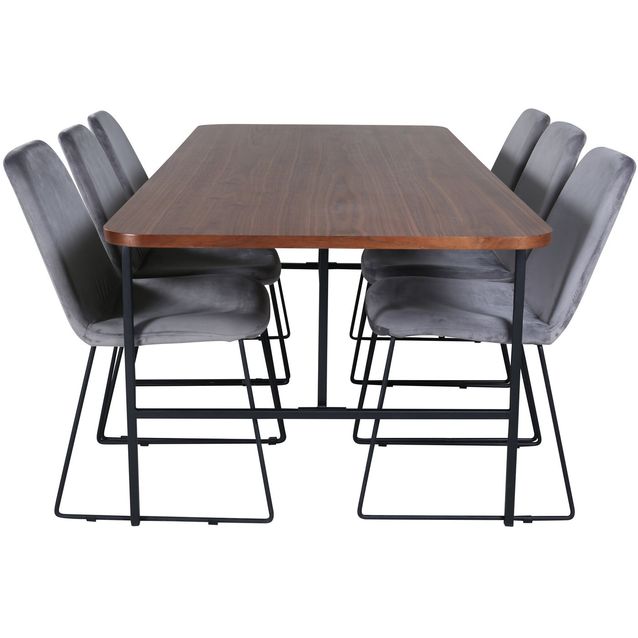 Ruokailuryhmä Venture Home, 200x90cm ruskea Uno-pöytä + 6 harmaata Muce-tuolia, sametti