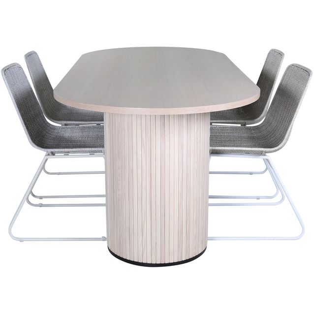 Soikea ruokailuryhmä Venture Home, 200x90cm vaalea Bianca-pöytä + 4 valkoista Cirebon-tuolia