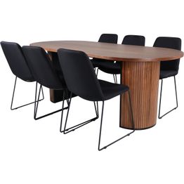 Soikea ruokailuryhmä Venture Home, 200x90cm pähkinänruskea Bianca-pöytä + 6 mustaa Muce-tuolia