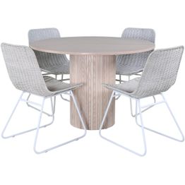 Pyöreä ruokailuryhmä Venture Home, Ø110cm vaalea Bianca-pöytä + 4 valkoista Cirebon-tuolia